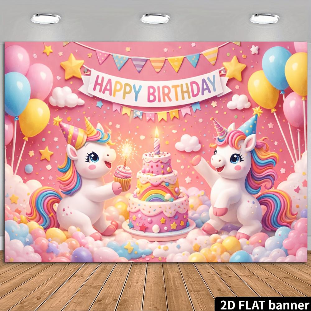 A 2D Unicorn Birthday Cake with a Pink Base As the Background a "Happy Birthday" Banner with the Theme and Made of Polyester.