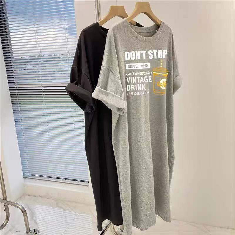 Korean version short-sleeved dress women's summer large size loose medium and long knee T-shirt skirt versatile casual split-ended long dress