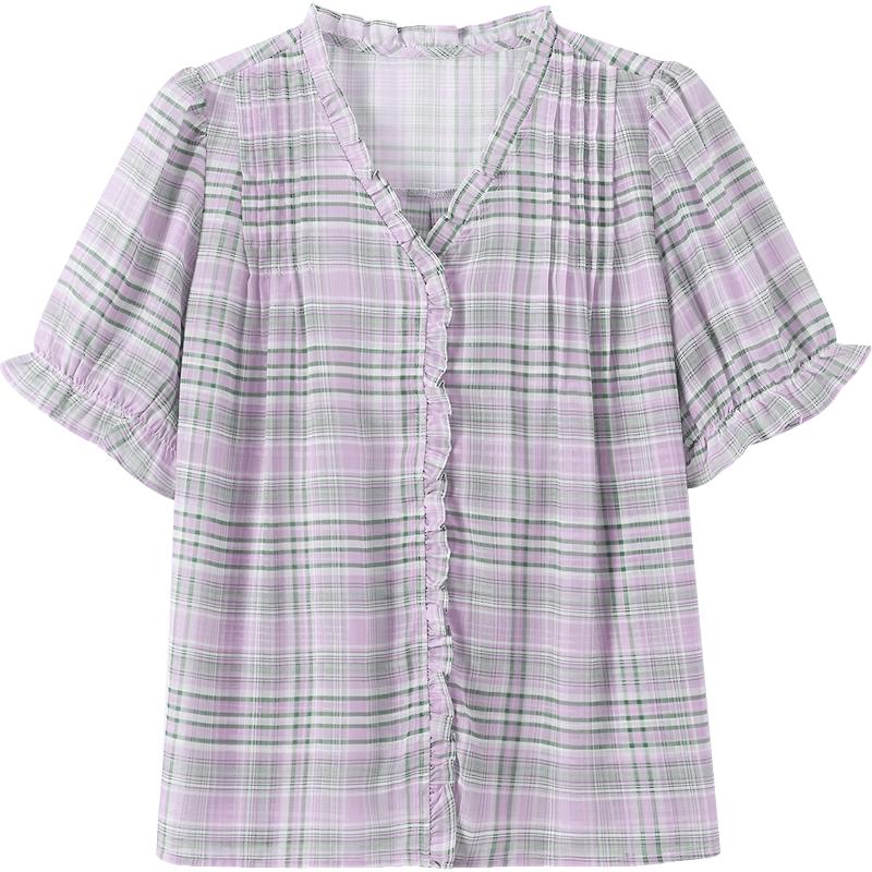 Women s Plaid Puff Sleeve Chiffon Blouse M
