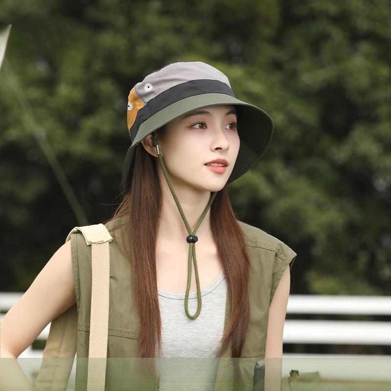 1Pcs Summer Color Block Sun Hat for Women UV Protection Breathable Fishing Camping Hiking Bucket Hat With Windproof Rope Caps