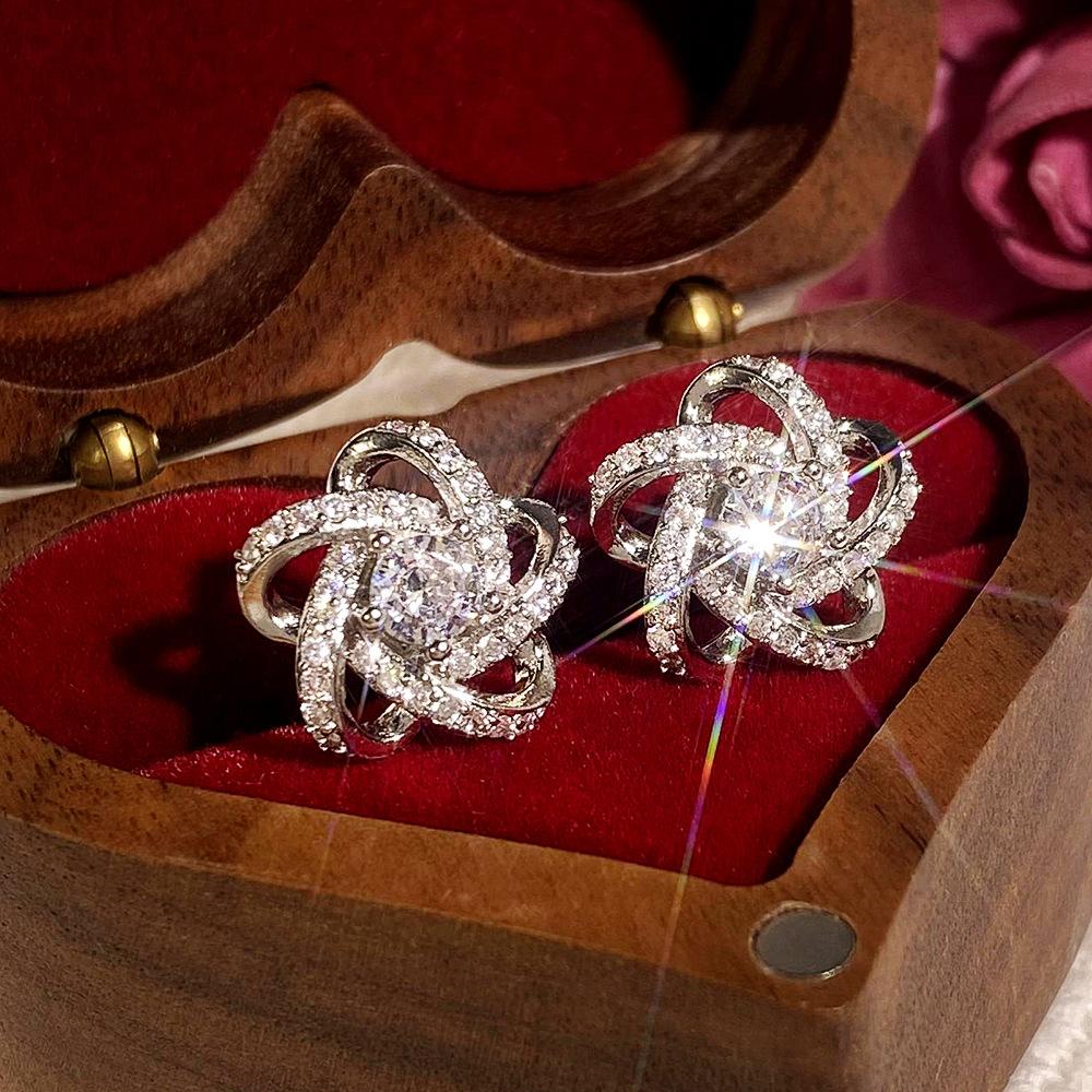 Cross Pentagram Zircon Stud Earrings Female, Flower Flower Small Fragrance Temperament Winding Earrings, Versatile Earrings