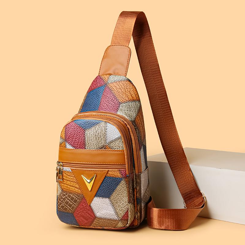 Farbblock Brusttasche Damen Print Schultertasche Umhängetasche Mehrfachtasche Handytasche
