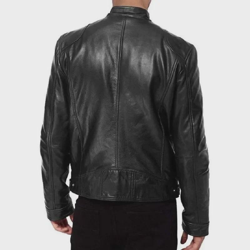 2023 Men's Slim Stand Collar Leather Jacket with Zipper Pocket