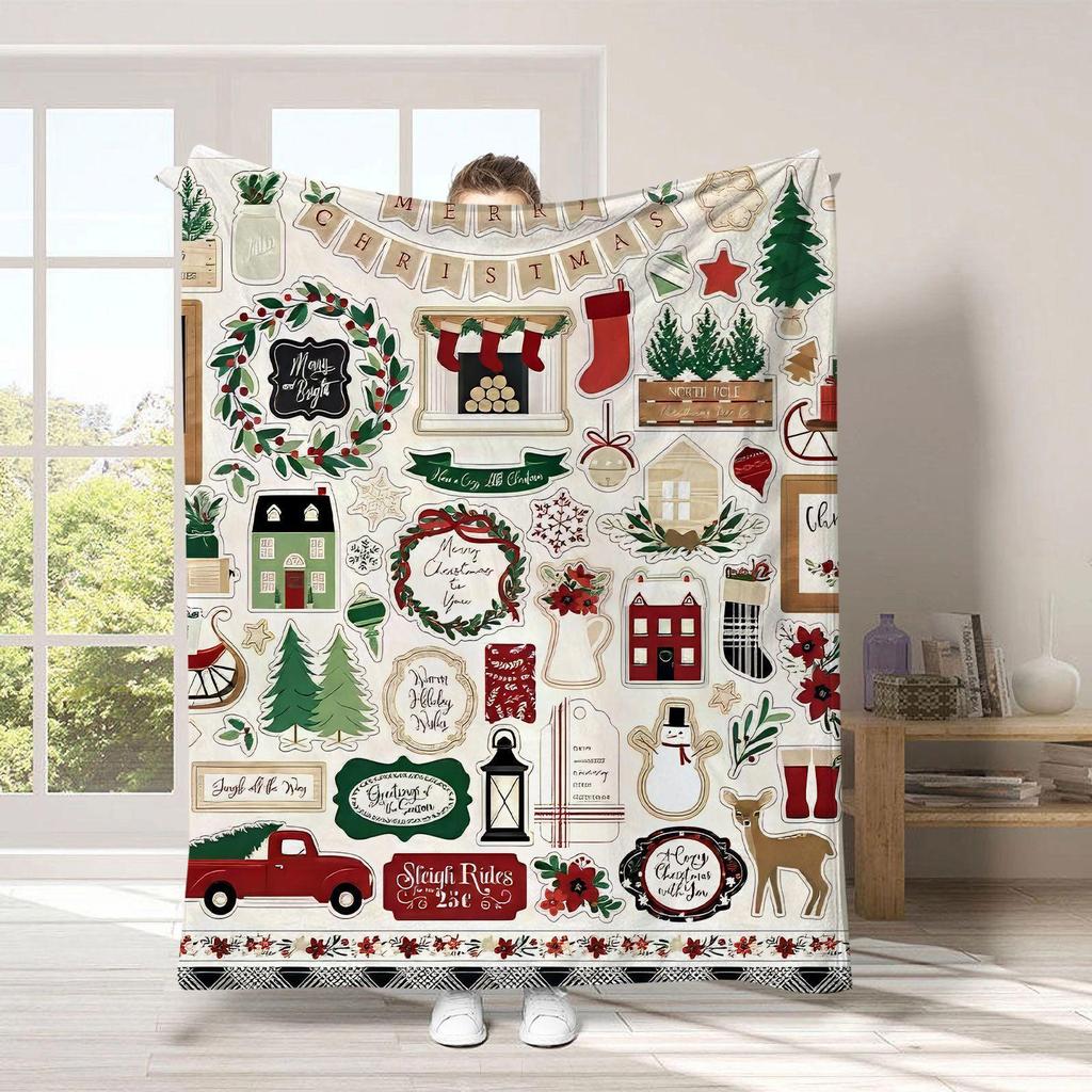 Christmas cartoon digital-printed polyester Bedroom velvet flannel cover blanket Fleece soft sofa cover blankets for beds