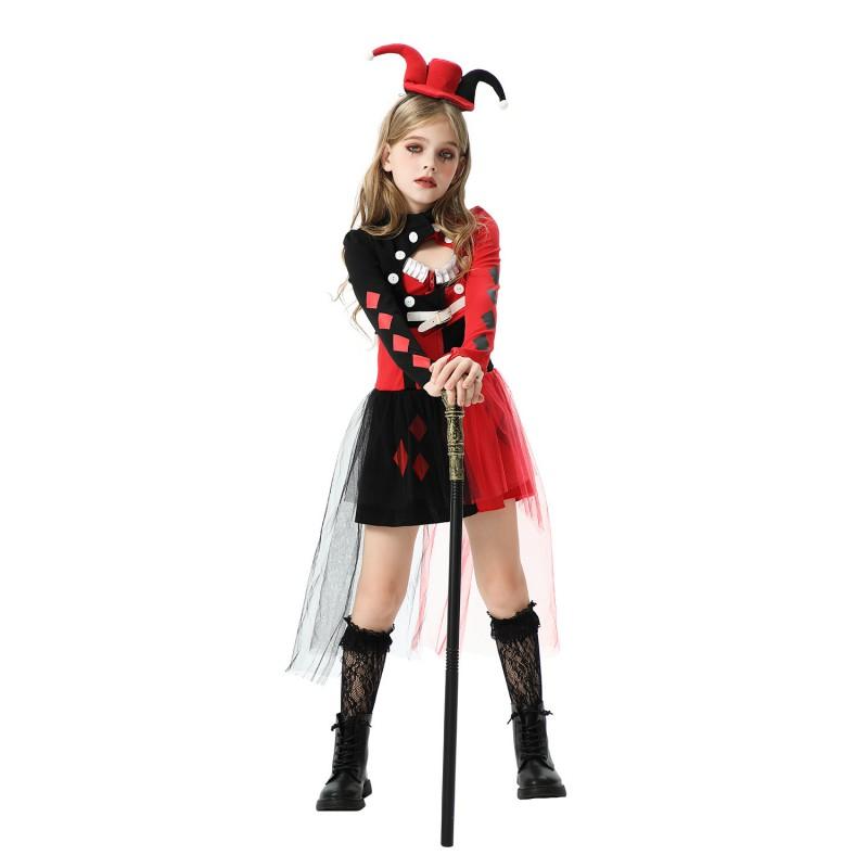 Harley Quinn Cosplay Costume Girls 3-Piece Set Clown Outfit Halloween Circus Performance Dress With Tights