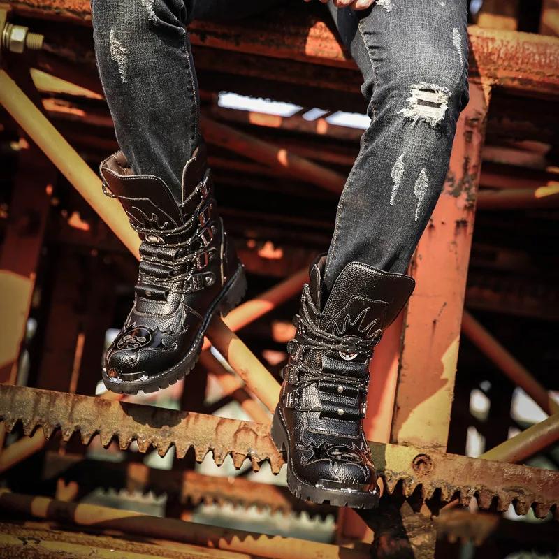 Men'S Motorcycle Boots Outdoor Boots Four Season Fashion Cycling Shoes High Top Mens Casual Boot Pu Leather Boots Plus Size 46