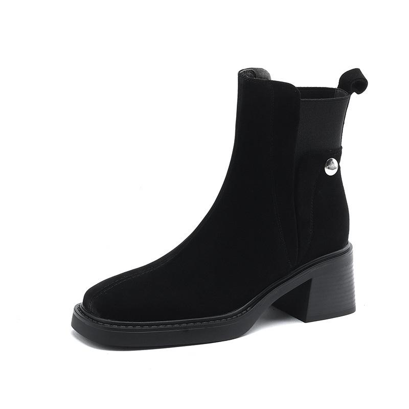 

Gray Autumn and Winter Elastic Short Boots Square Head Coarse Heel Chelsea Boots British Rivet Fashion Women s Boots 41 чорний