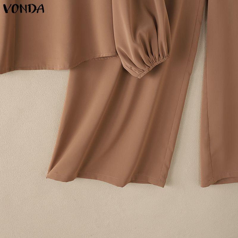 VONDA Elegant Women Outfits Puff Sleeve Blouse and Zip-up Trousers Casual Two Piece  Sets