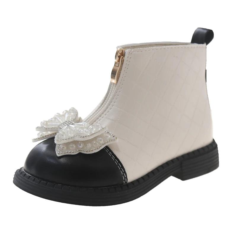 2024 Children Short Boots for Girls Autumn Winter New Princess Sweet Bowtie Soft Bottom Anti-slippery Versatile Zip Leather Shoe