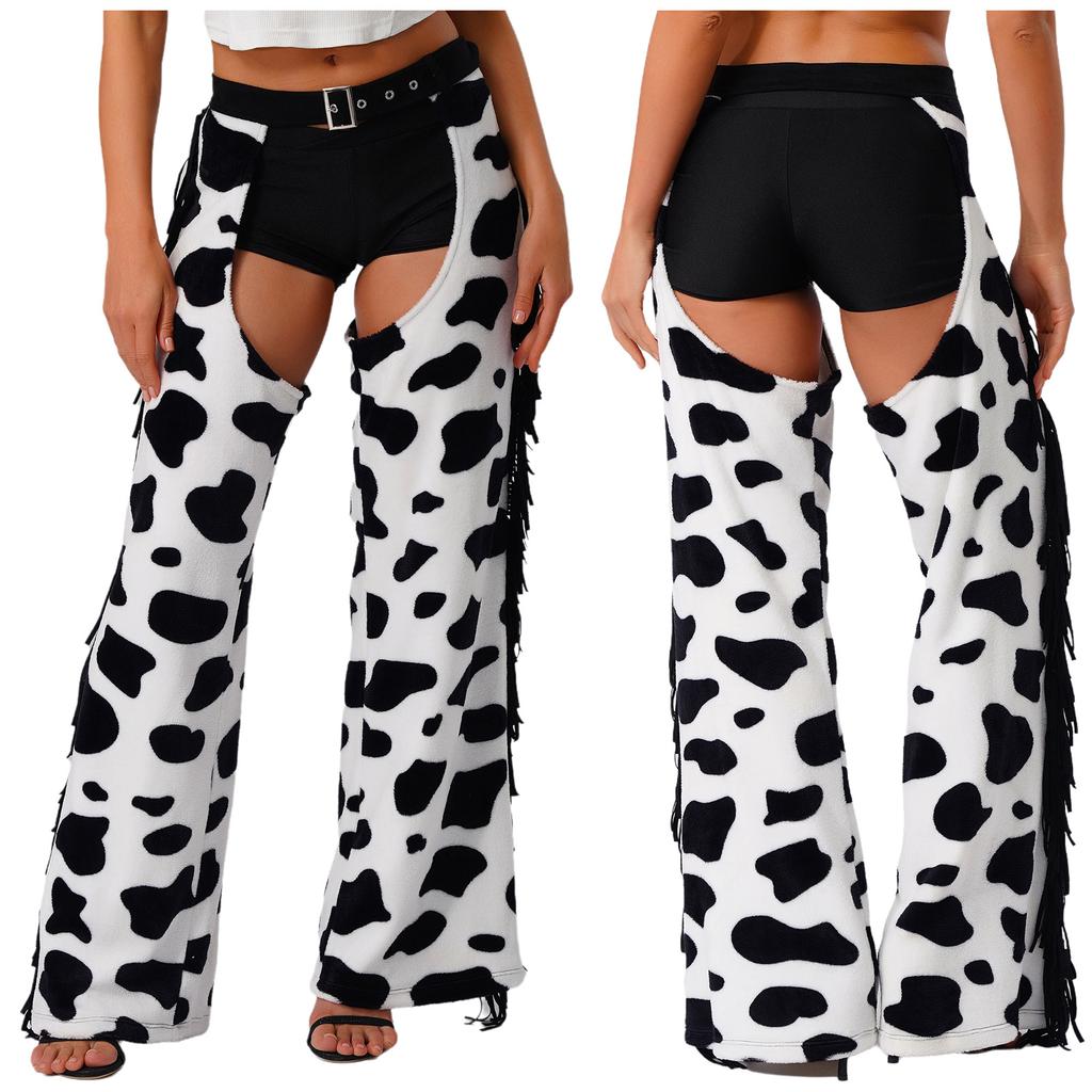 Dámské flanelové dlouhé kalhoty se vzorem kravích skvrn - se střapcem na boku, nastavitelným pasem, otevřeným rozkrokem pro jízdu na kole, jezdecké kovbojské chapsy, Halloween Cosplay