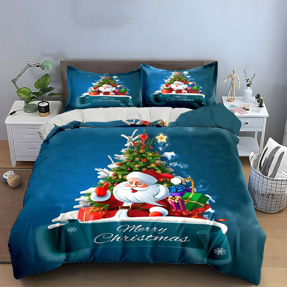 Santa Claus and Christmas Tree Bedding Duvet Cover Set Duvet Cover Pillowcases (1*Duvet Cover 2*Pillowcases, without duvet insert)