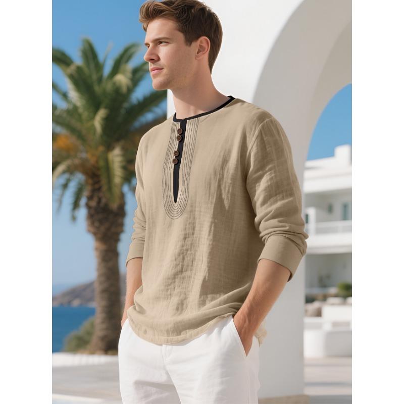 Men s Olive Green Textured Henley Shirt, Casual Long Sleeve Pleated Button Placket Top S хаки