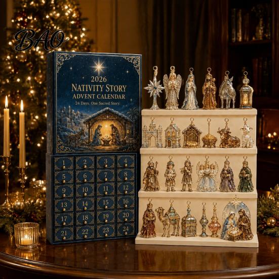 Christmas Themed Box Nativity Advent Calendar 2026, 24 Day Countdown with Holiday Keepsake Gift for Friends Pcs 2D Acrylic Religious Figures,