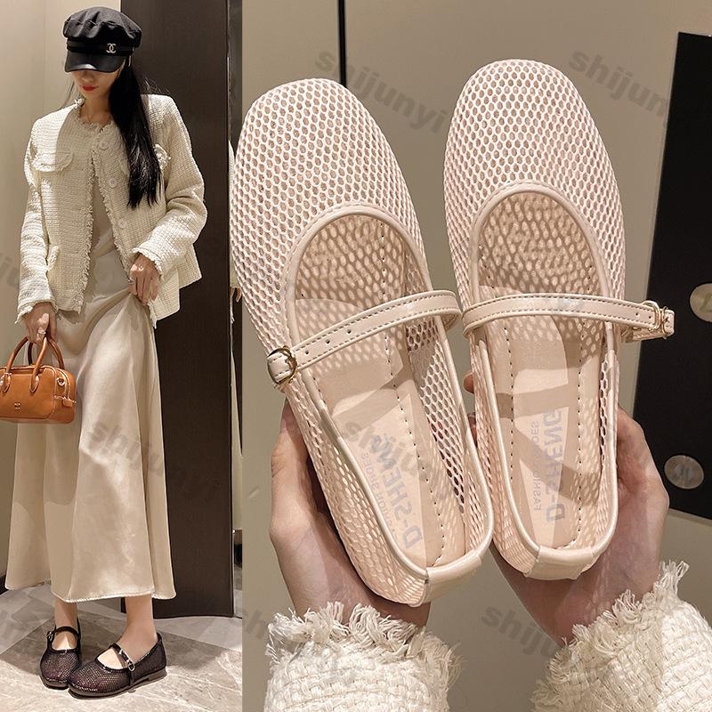 Fashion Women Shoes 2025 Summer New Breathable Mesh Buckle Strap Square Toe Mary Jane Flat Shoes Comfortable Soft Sole Women Loafers