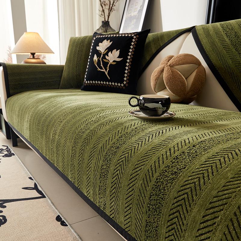 

Подушка для дивана из шенилла в полоску, универсальная на четыре сезона, для гостиной, нескользящий чехол, ткань-полотенце 70x70cm зелёный