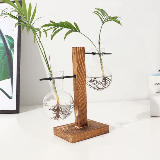 Plant Propagation Station with 1/2 Glass Vases And Wood Stand Decorative Tabletop Terrarium Planter Clear Glass Hydroponic Vase for Office Garden Home