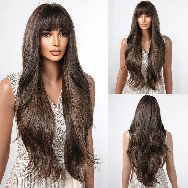 Long Water Wave Synthetic Wigs with Bangs Natural Ginger Brown Loose Curly Wavy Wig for Black White Women Heat Resistant Daily