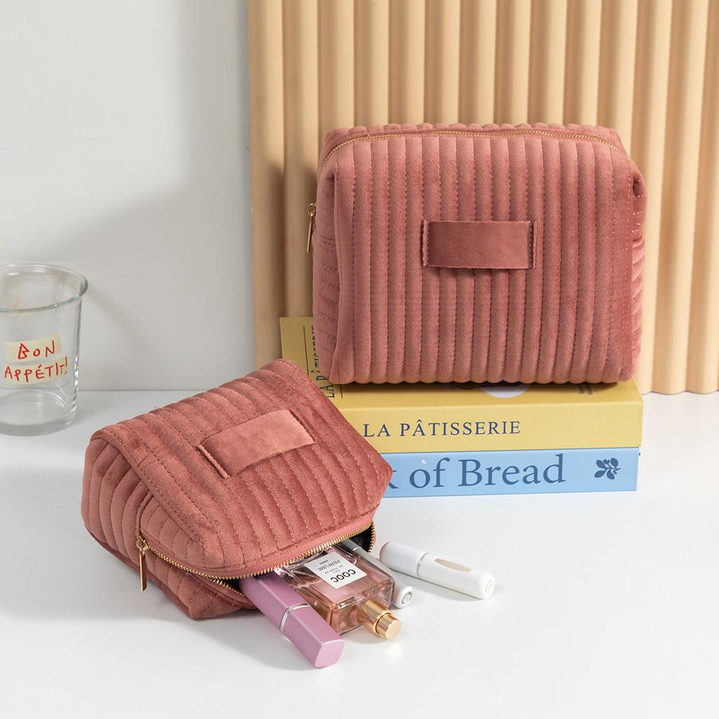 Velvet Toiletry Bag With Crossstriped Pattern For Travel And Daily Use