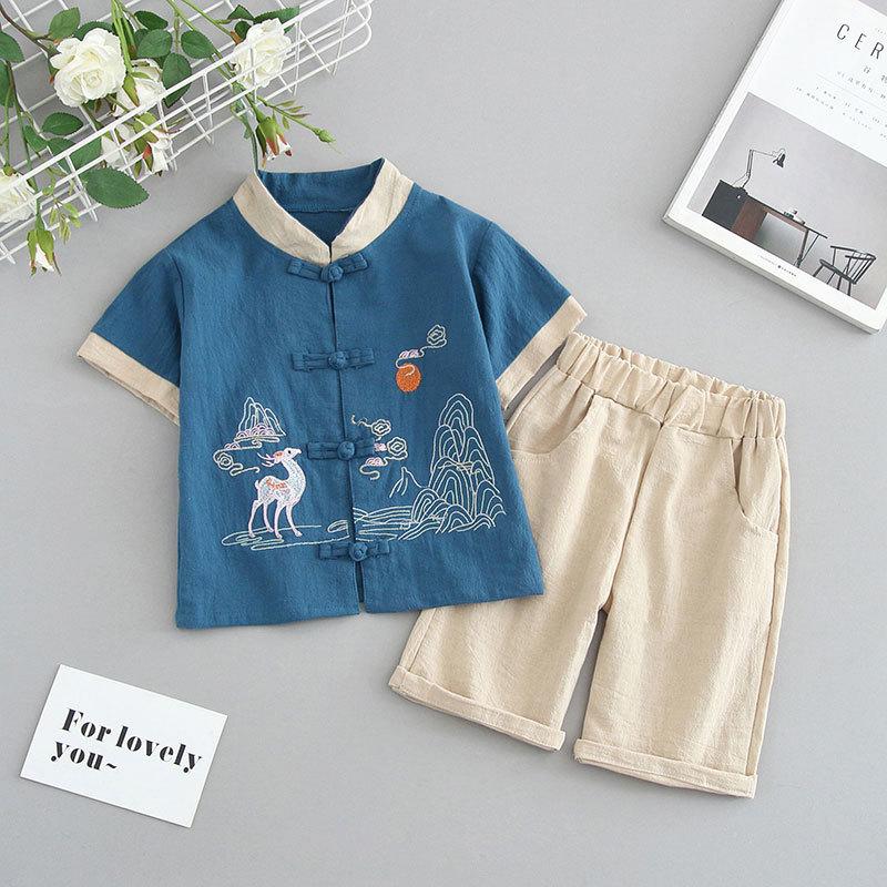 Completo Estivo da Ragazzo a Maniche Corte Stile Cinese per Bambini Hanbok Bello Completo Tang Cotone Lino Sezione Sottile di Abbigliamento Antico