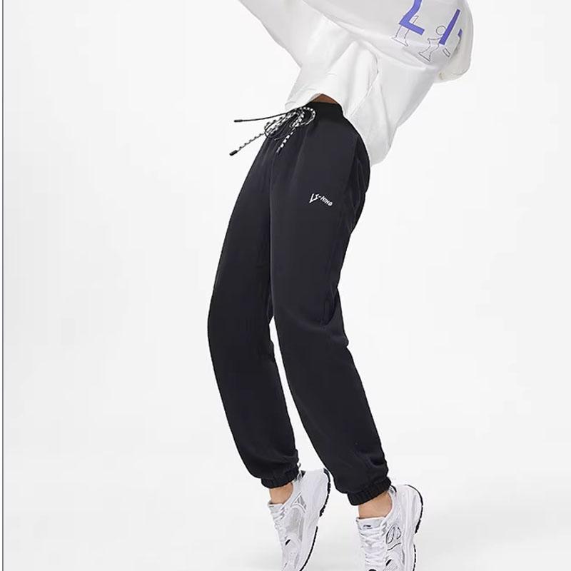 Li Ning Fitness Series Solid Color Antibacterial Fleece Thickened Drawstring Cuffed Sports Pants Women Bottoms Black AKLT792-1