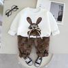 Boys' Spring and Autumn Set, Plaid Rabbit Long Sleeved Hoodie, Plaid Long Pants Two-piece Set, Casual Children's Clothing
