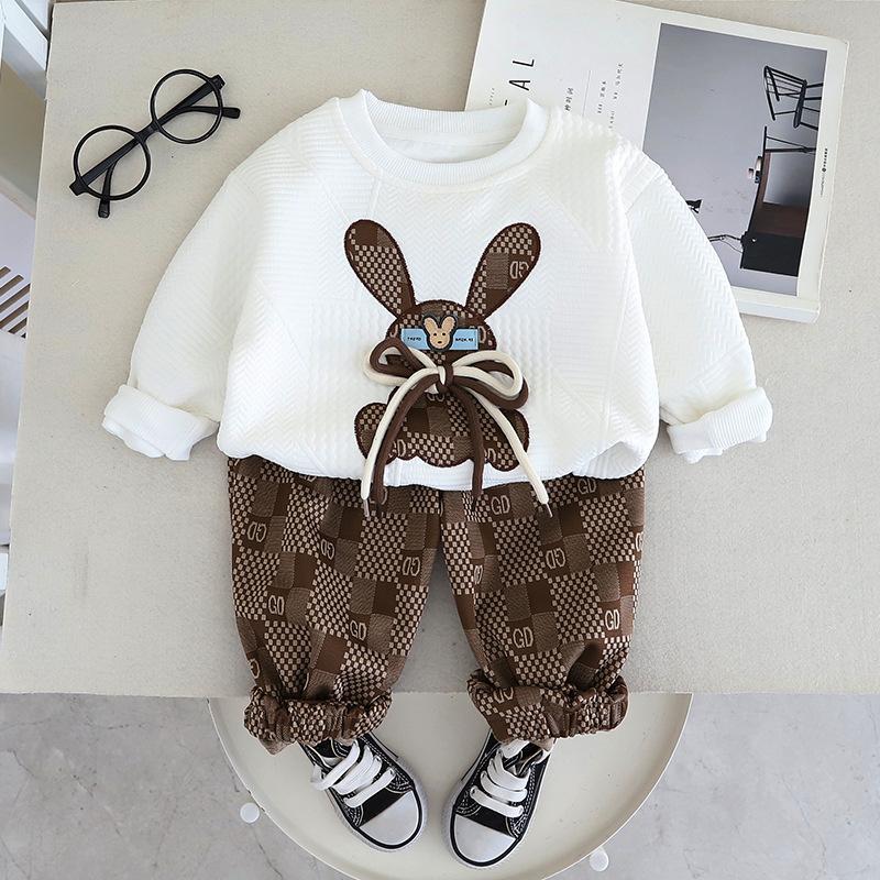 

Комплект для мальчиков на весну и осень, клетчатое худи с длинным рукавом с кроликом, клетчатые длинные брюки, комплект из двух предметов, повседневная детская одежда 100cm белый