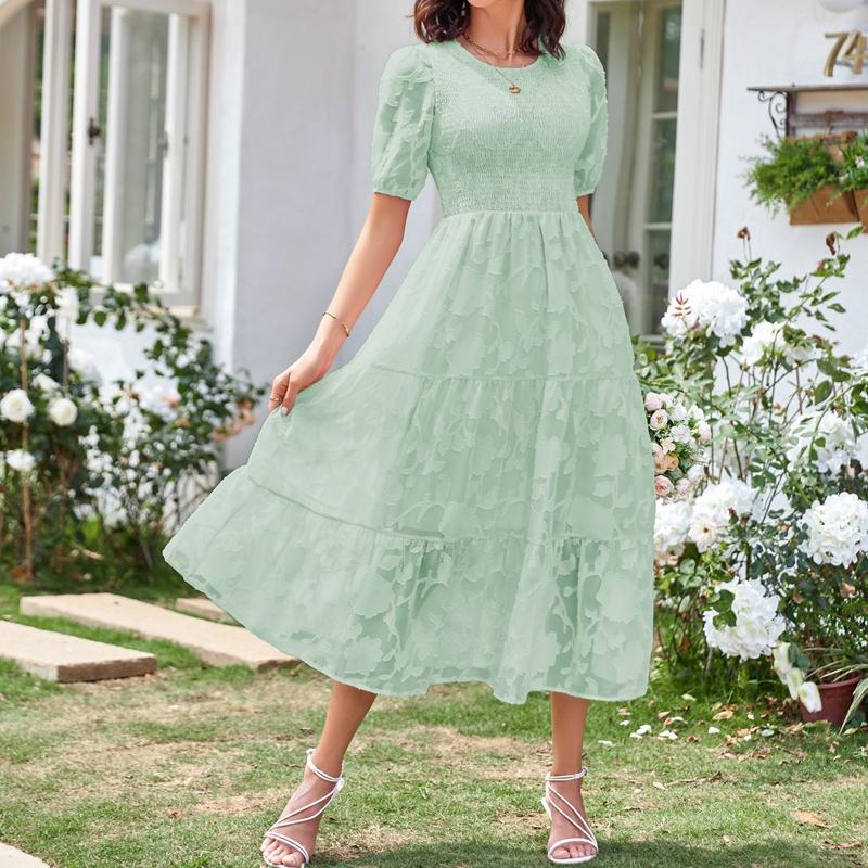 YYFS Women's Fashion Summer Spring Solid Color Print Short Sleeve O-Neck High Waist Casual Dresses