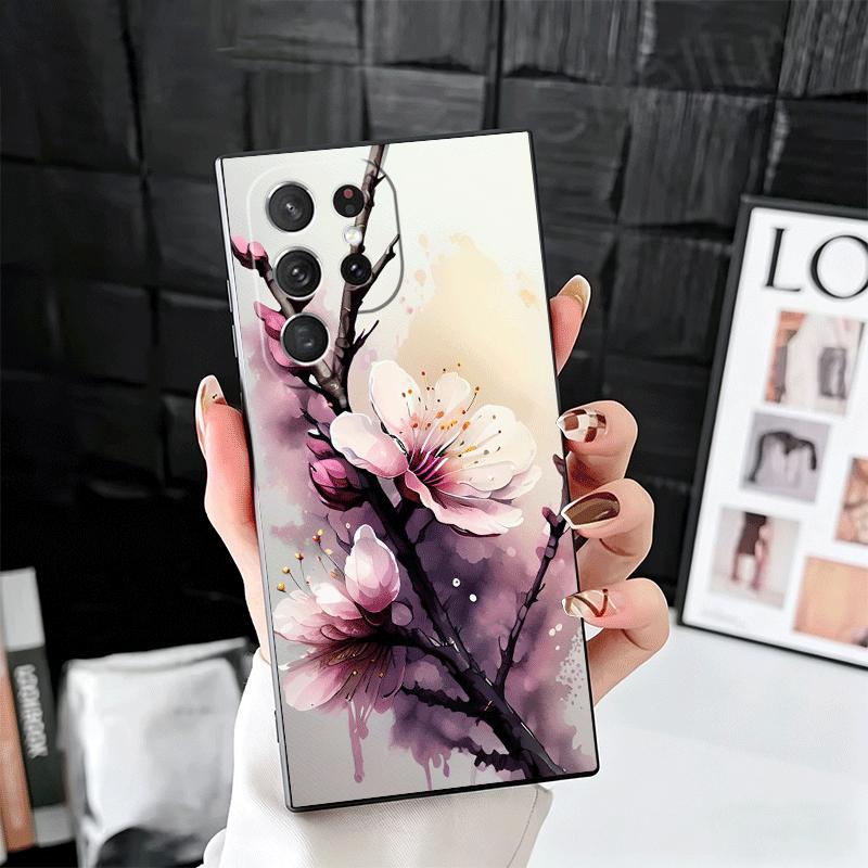 Cherry Blossom Sakura Fashion Soft Phone Case for Samsung Galaxy S26 S25 Edge S24 Ultra S23 Plus S22 S21 FE S20 Black Cover Back
