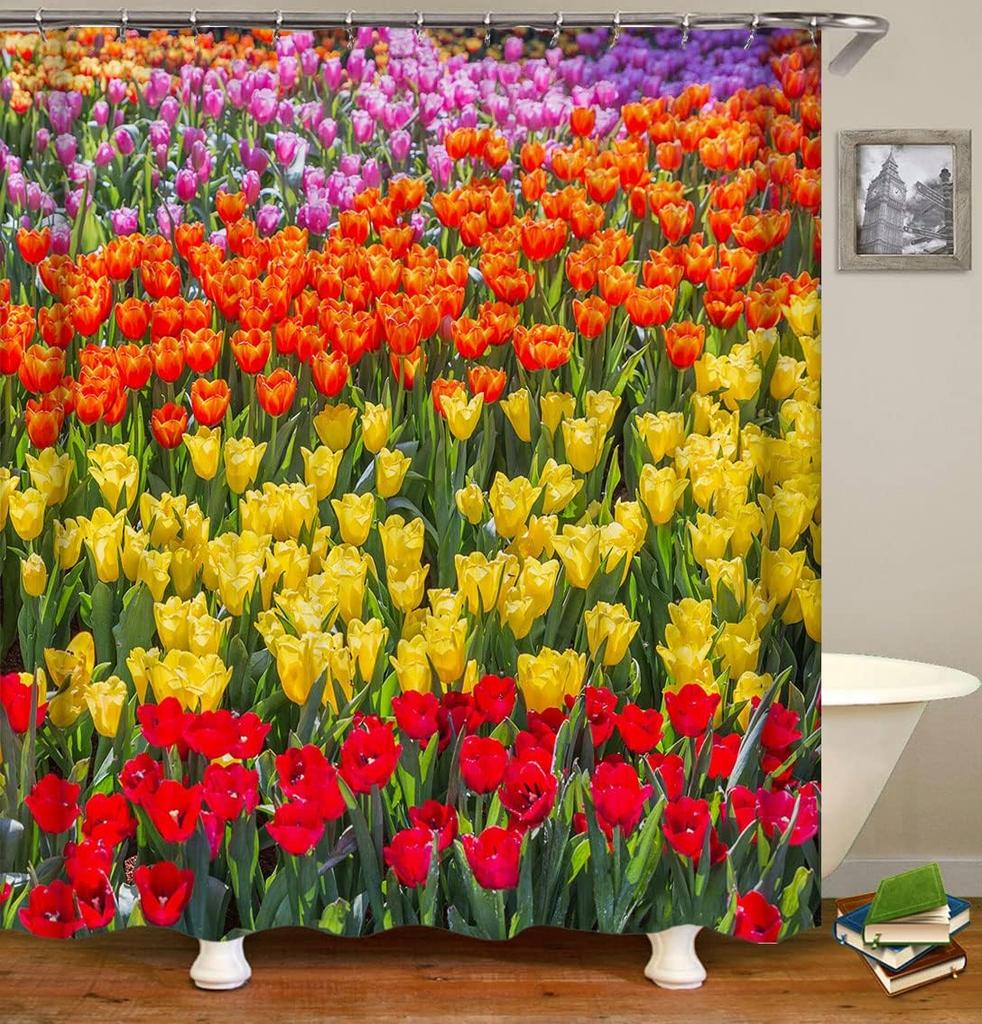 Bright and Colorful Tulip Flowers, Red Yellow Orange and Purple Tulips Shower Curtain Sets for Bathroom Fabric Machine Washable