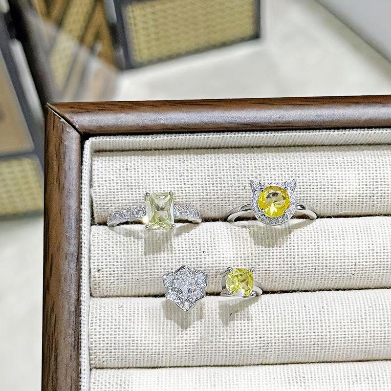 Fashion Light Luxury Yellow Zircon Camellia Flower Full Diamond Opening Ring High Sense Temperament Color Treasure Personality Ring Woman