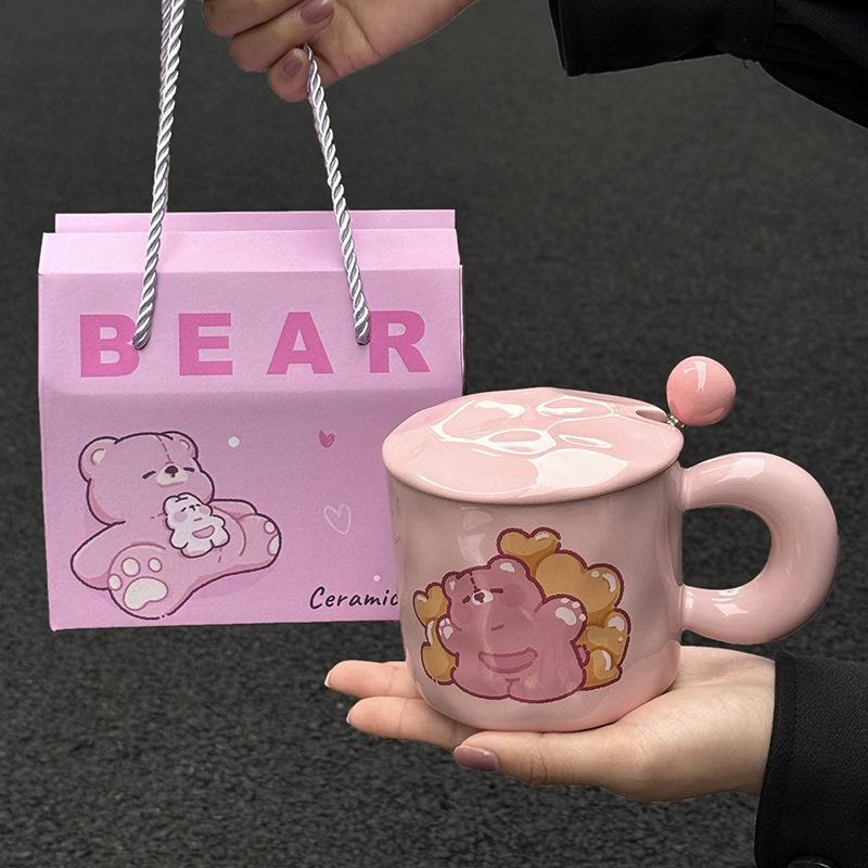 Yiran Toy 1 Girls Pink/Blue/Red Cute Bear Mug Large Capacity Ceramic Cup With Lid Practical Birthday Gift For Best Friends Souvenir