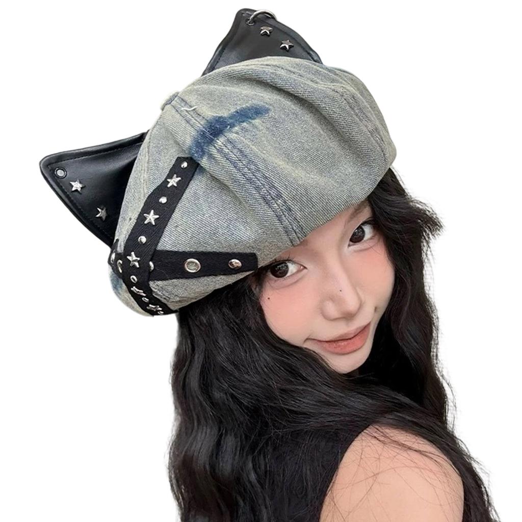 Soft Cotton Studded Cats Ear Hat Adjustable Head Size Vintage Unisex Beret For Theme Event Outfits