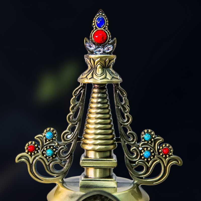 Bronze Tibetan Stupa Tantric Engraved Pearl Inlaid Gem Shiri Buddhist Statue Alloy Handicraft Altars Indoor Desktop Decorative