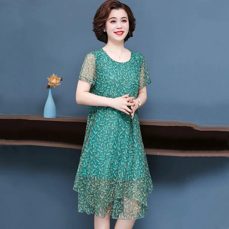 Women's Summer Dress Plus Size Mesh Dress for Middle-aged Women, Loose Casual Elegant Dress