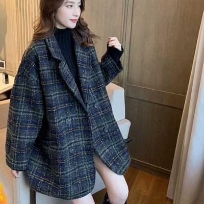 Women's Fall Blazer Small Plaid Medium-length Tweed Temperament Jacket