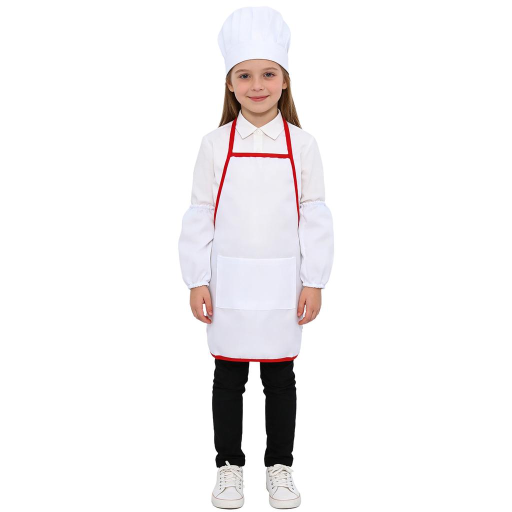 Children‘s Cooking Apron Set 3Pieces: Elastic Band Chef Hat, Oversleeves & Bib Apron with Pocket for Mess-Free Baking