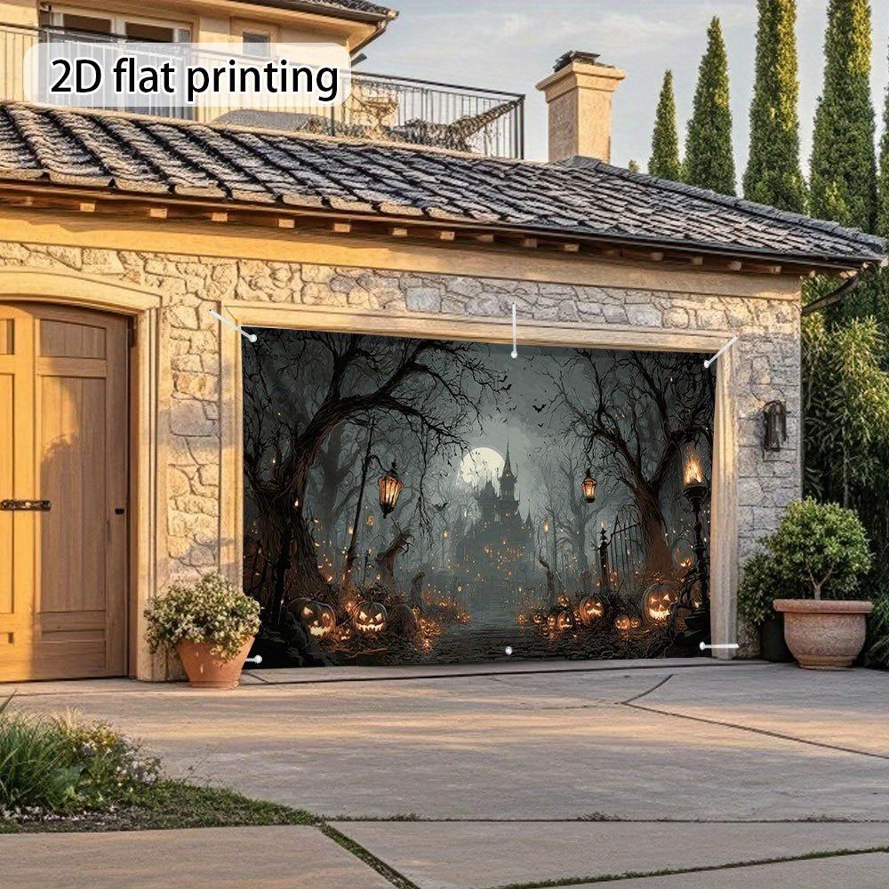A large garage door banner depicting a terrifying haunted house scene - 2D printed on a flat surfacezyc
