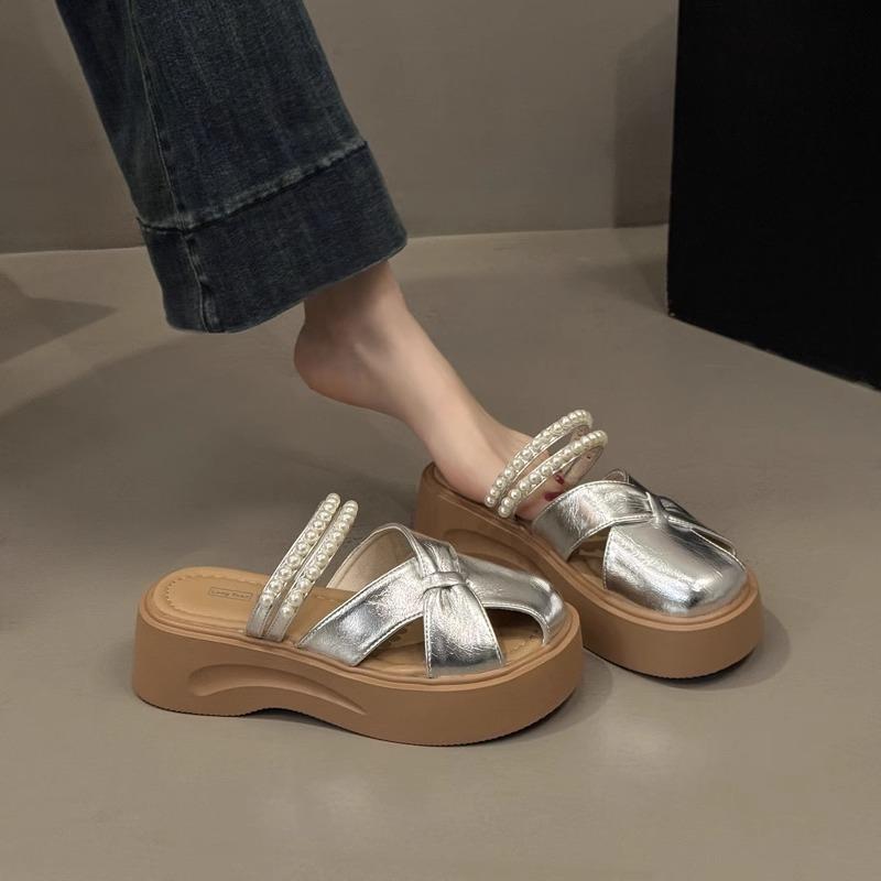 High-end Silver Two-wear Hollow Bag Head Half Slippers Women's 2025 Summer Wear with Skirt Pearl One-pedal Sandals