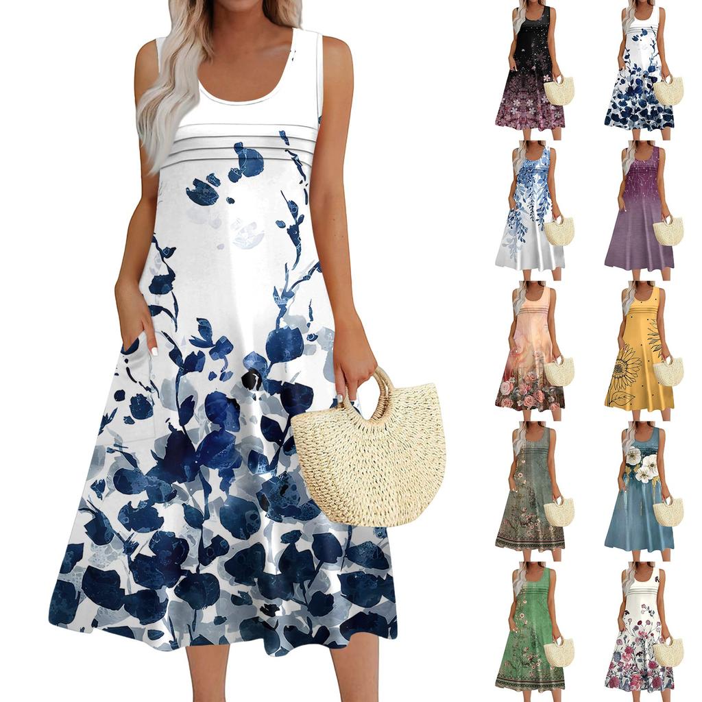 Women's Fashion Round Neck Sleeveless Pleated Beach Dress With Pockets Long Floral Dresses