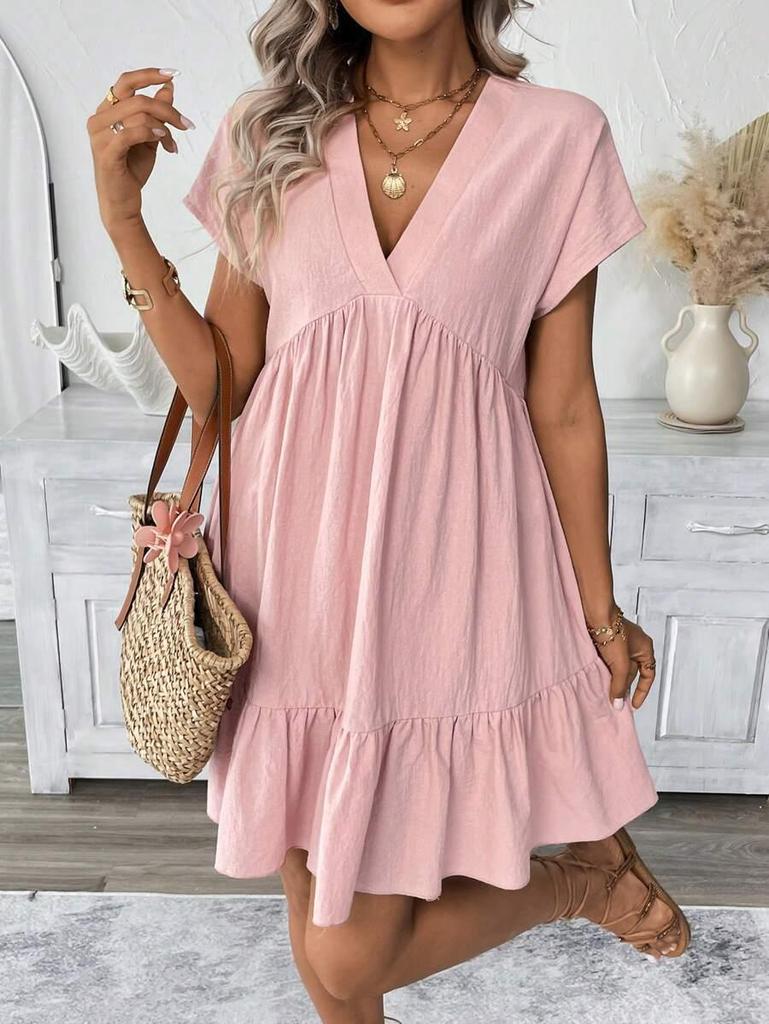 2025 Summer Solid Color V-Neck Loose Resort Dress