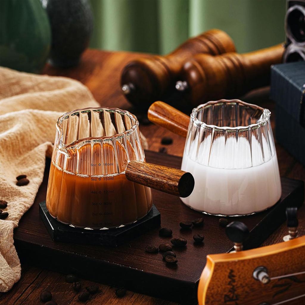 D5 Espresso Shot Glas Tasse mit Holzgriff Espresso Zubehör Einzelne Ausgießer Milchaufschäumer Messbecher Teetasse mit klarer Skala