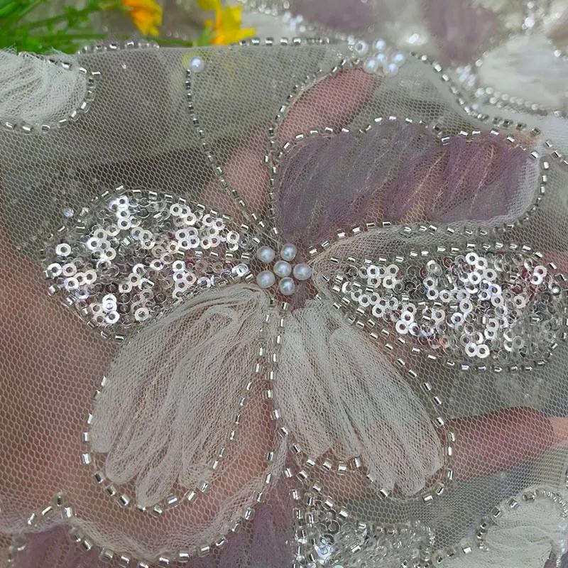 African 3D Beaded Sequins Pearls Embroidered Tulle Fabric Handmade Net Lace Fabric for Bridal Party Dresses DIY Sewing