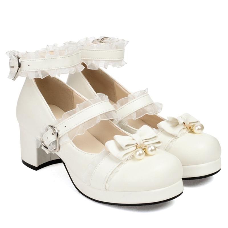 Slingback Högklackade Damskor Lolitas Mary Janes Skor Vår Ankelrem Svart Vit Klackade Bröllopsfestskor Flickor Stor Storlek