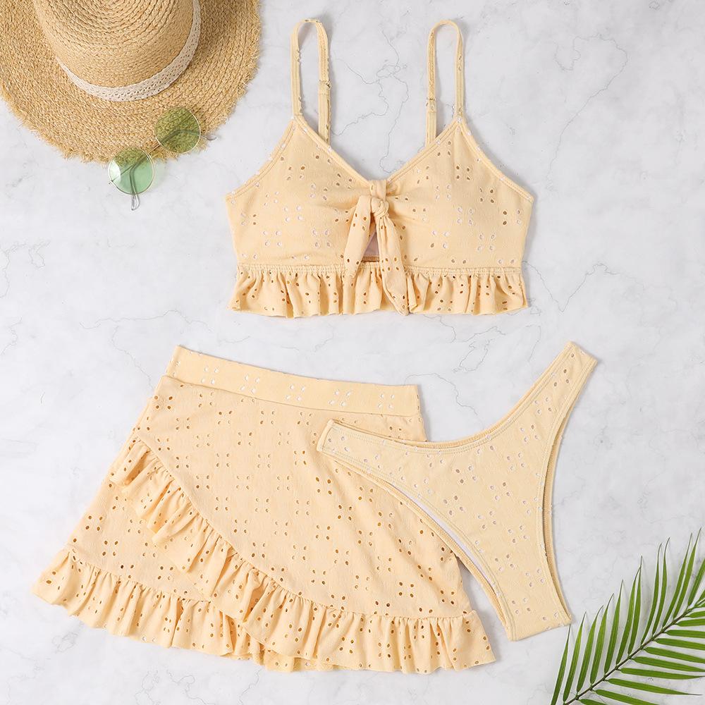 Multi-color Korean New Solid-color Girl Swimsuit Pure Desire Wind Bath Hot Spring Three-piece Skirt Split Bikini