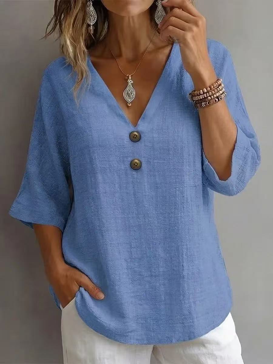 Women Casual Loose V Neck Solid Color Three Quarter Sleeve T Shirt Top S