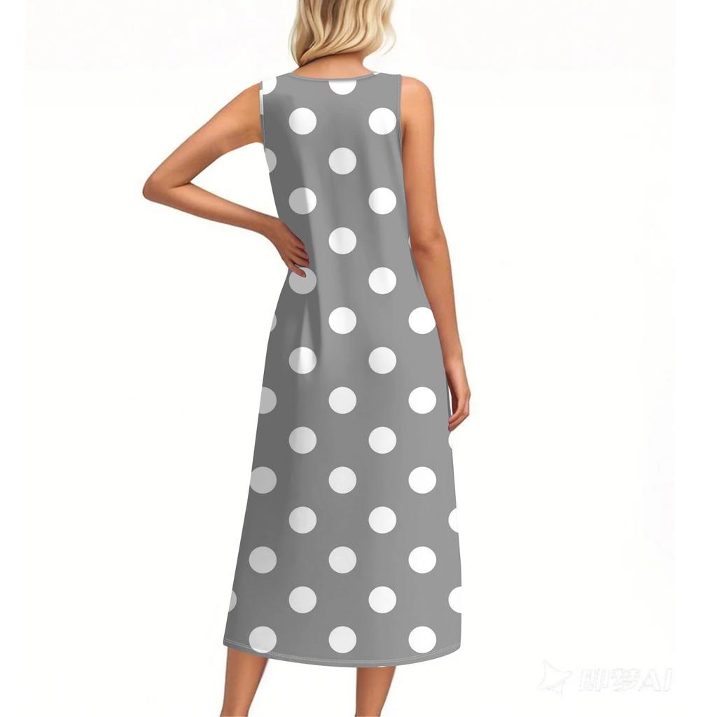 Damen Sommerkleid mit Punktemuster, ärmellos, Knopfleiste, lässig, locker, lang, Strandkleid