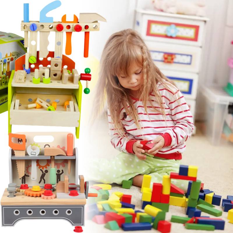 Wooden Children Table Top Work Bench Tools Set Toy Kids Puzzle Hands On Games