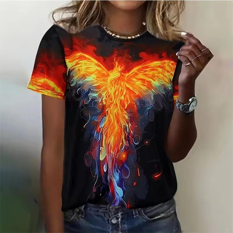Summer Round Neck 3D Phoenix Pattern Print Top Fashionable Casual Short Sleeved Women's T-shirts