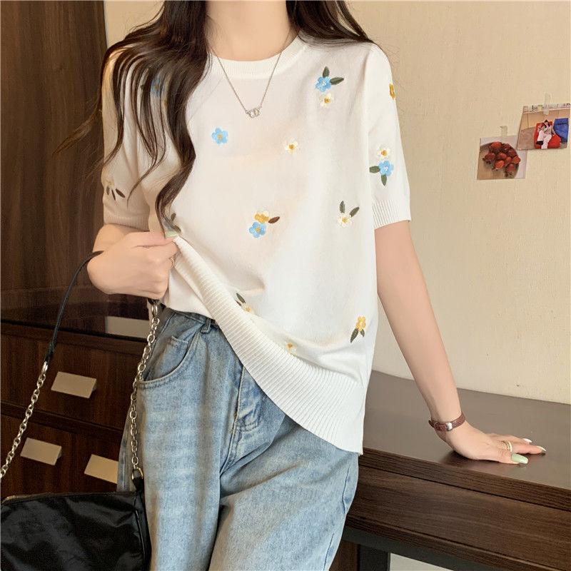 Ice Silk Slimming Temperament Top Women's Design Sense Knitted Shirt Summer Shoulder Short Sleeved T-shirt