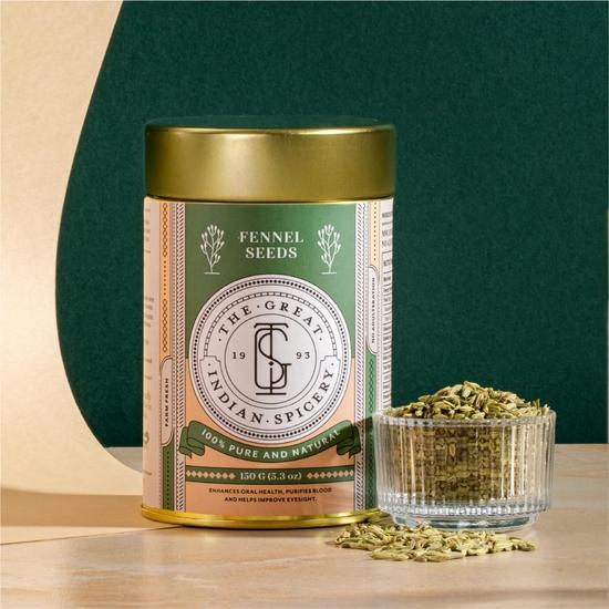 The Great Indian Spicery | Fennel Seeds (Saunf) | 100gm Tin - Steam Sterilisation, 100% Pure & Natural, Farm Fresh, Non-Adulterated |  Teas & Cooking